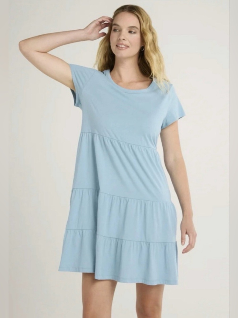Time and Tru Light Blue Tiered Cotton Knit Short Sleeve Dress XL (16 - 18)